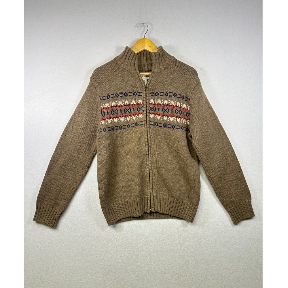Ruff Hewn Men's Brown‎ Fair Isle Full Zip Knit Sweater Mock Neck Size M